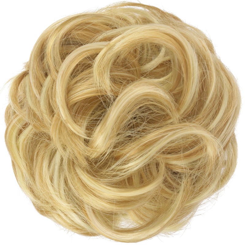 FESHFEN Messy Bun Hair Pieces - Large Wavy Curly Elastic Hair Bun Scrunchies Ponytail Extensions Synthetic Chignon Hairpieces for Women, Strawberry Blonde & Bleach Blonde 1.94oz - Image 2